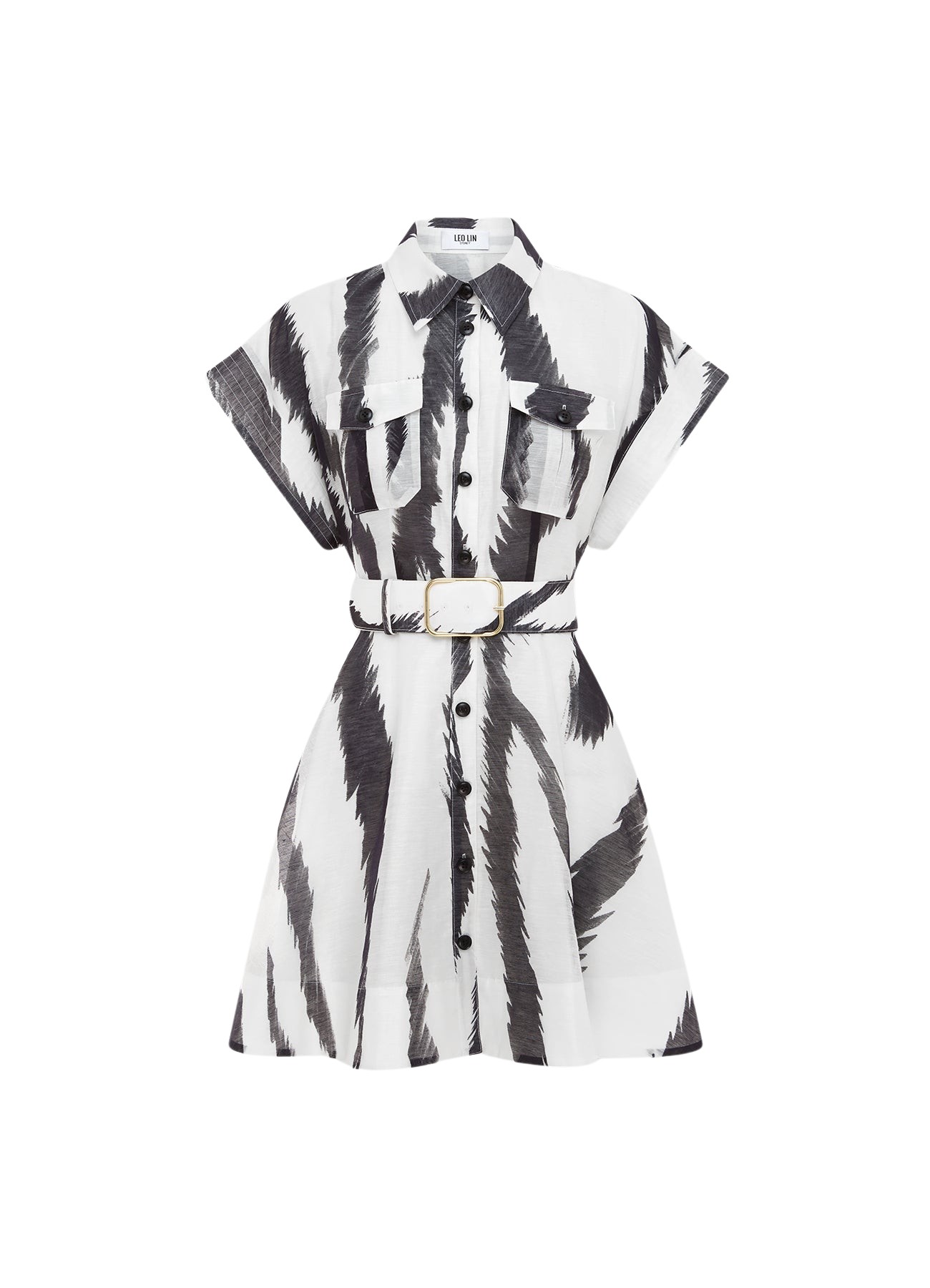 Leo Lin Billie Pocket Shirt Mini Dress Tiger Print in White61681 nobg