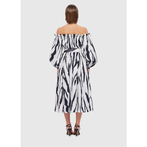 Sarah Off-Shoulder Midi Dress - Tiger Print in White