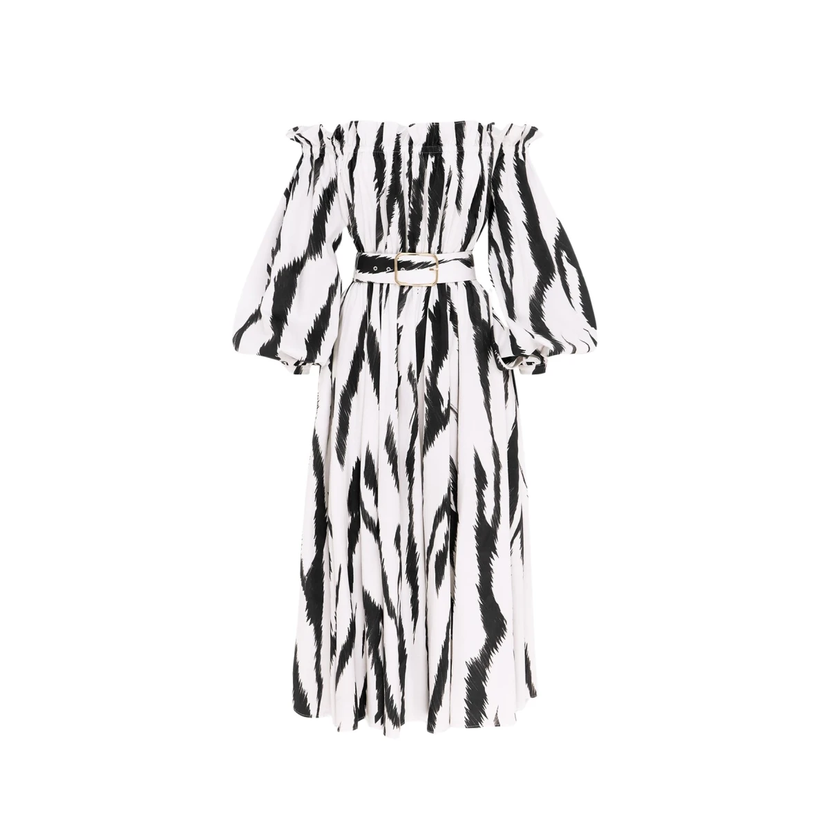 Leo Lin Sarah Off Shoulder Midi Dress Tiger Print in White44754 nobg