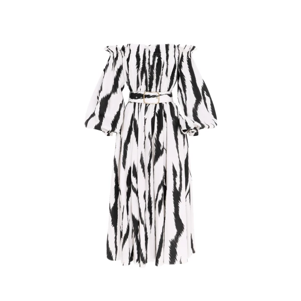 Leo Lin Sarah Off Shoulder Midi Dress Tiger Print in White44754 nobg