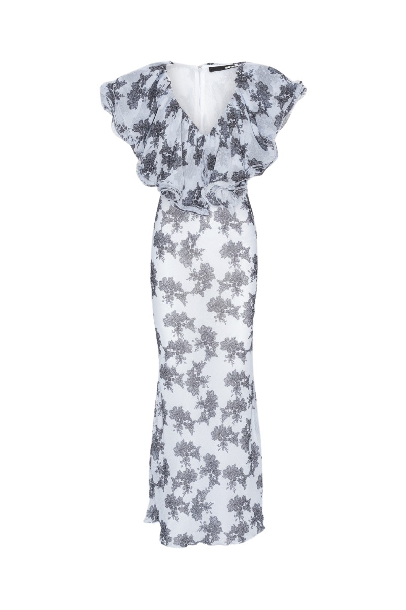 Rotate Birger Christensen Chiffon Midi Ruffle Dress Black Print15166 nobg