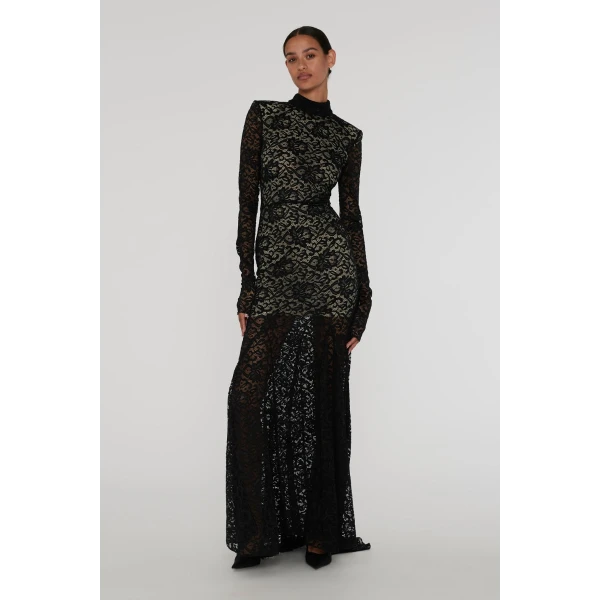 Designer Black Lace Applique Evening Dresses with Removable Train