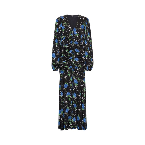 Rotate Birger Christensen Satin Maxi V Neck Dress Black Print36295 nobg