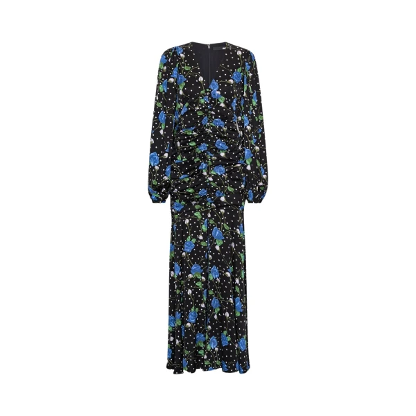 Rotate Birger Christensen Satin Maxi V Neck Dress Black Print36295 nobg