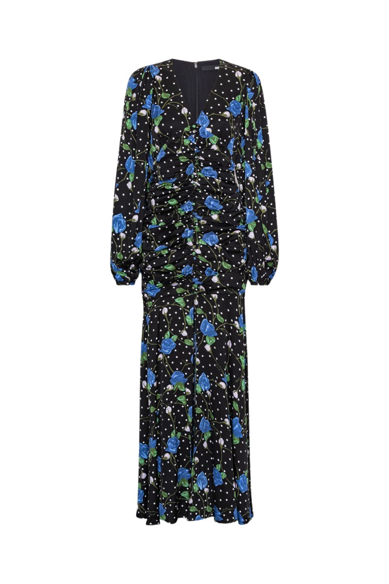 Rotate Birger Christensen Satin Maxi V Neck Dress Black Print36295 nobg