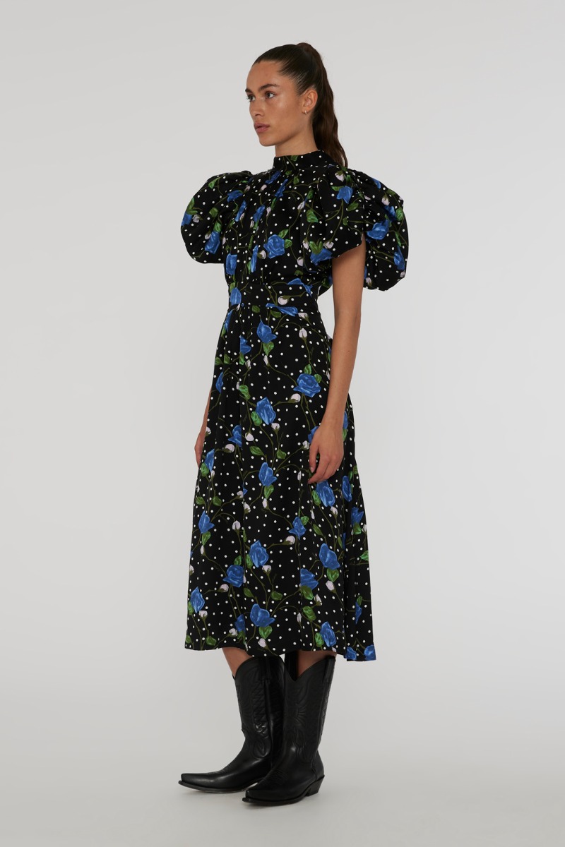 Rotate Multicolour Satin Puff Sleeve Dress Black Print