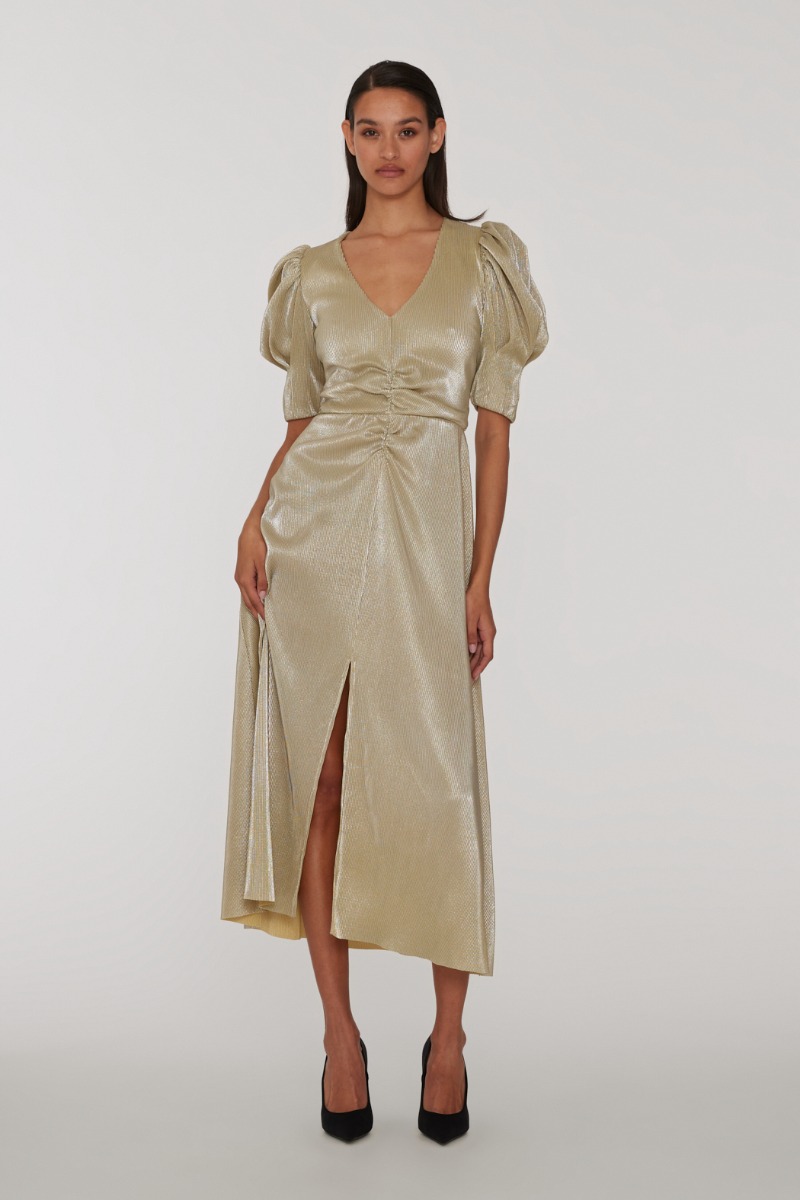 Rotate Yellow Small Plisse Slit Dress Beige Contemporary Ready