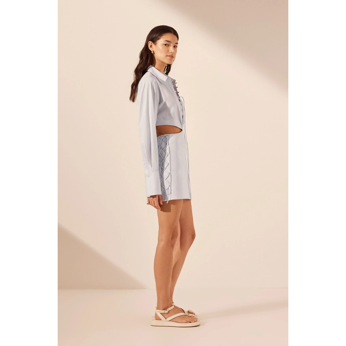 Shona Joy Amada Lace Up Cut Out Shirt Mini Dress - Ice Blue