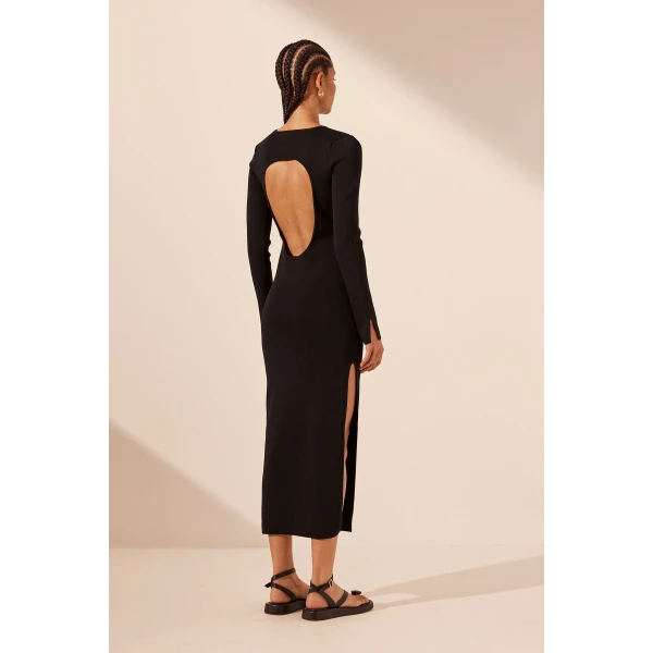 Shona Joy Basic Long Sleeve Open Back Midi Dress - Black