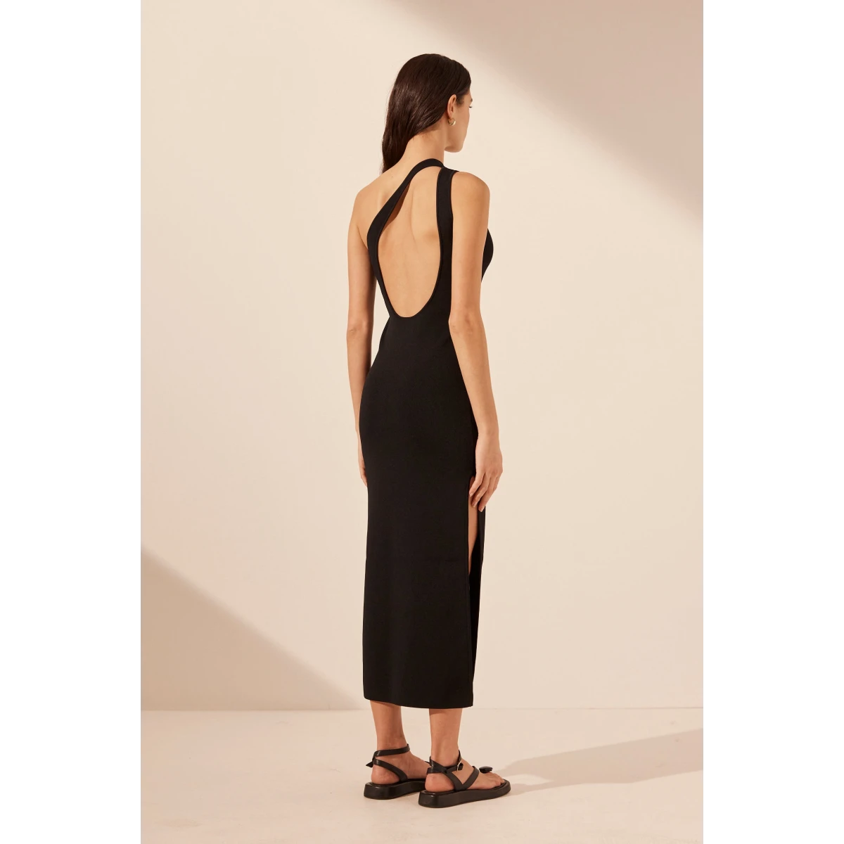 Shona Joy Basic One Shoulder Open Back Midi Dress - Black