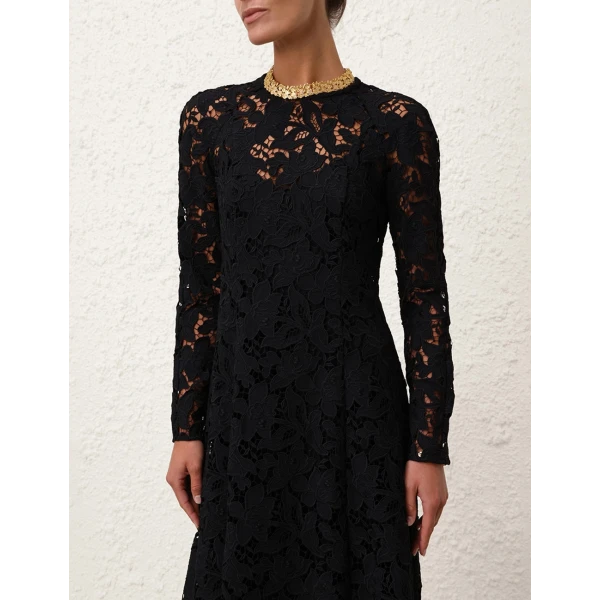 Black lattice front flare sleeve lace sheath dress hotsell