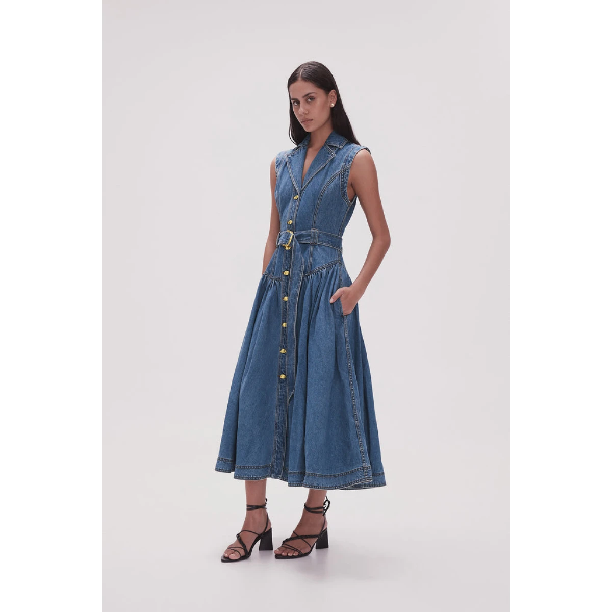 Elena Belted Denim Midi Dress