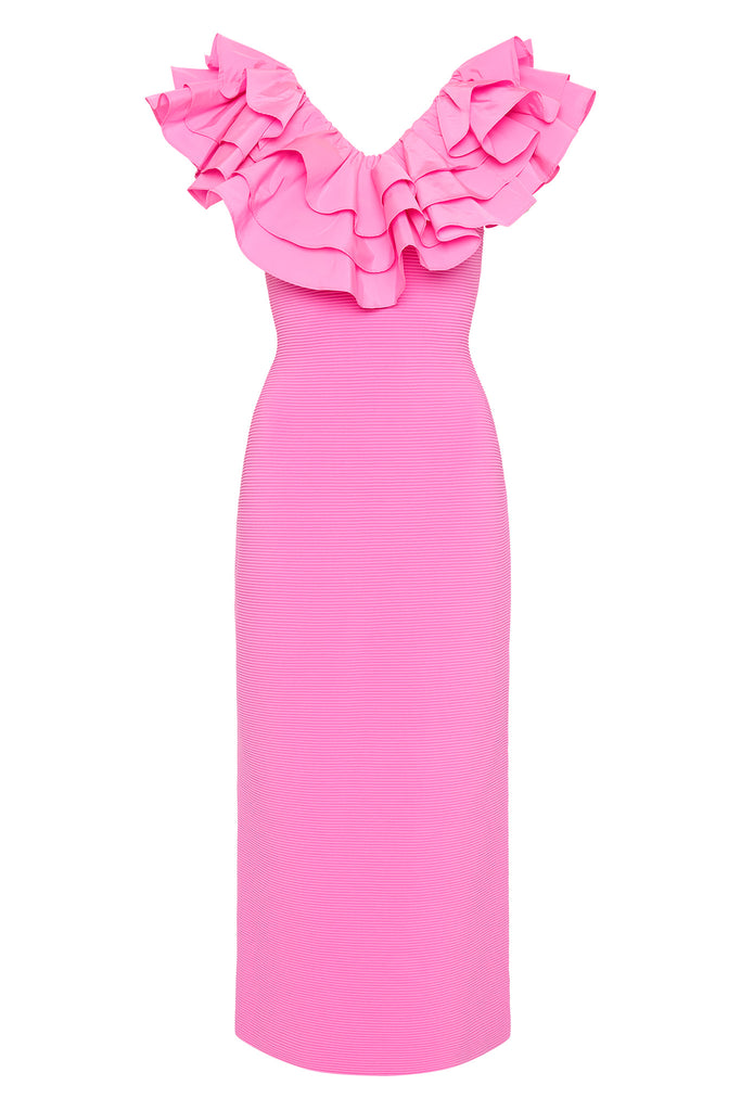 AJE TRANSCENDENT RUFFLED MIDI DRESS