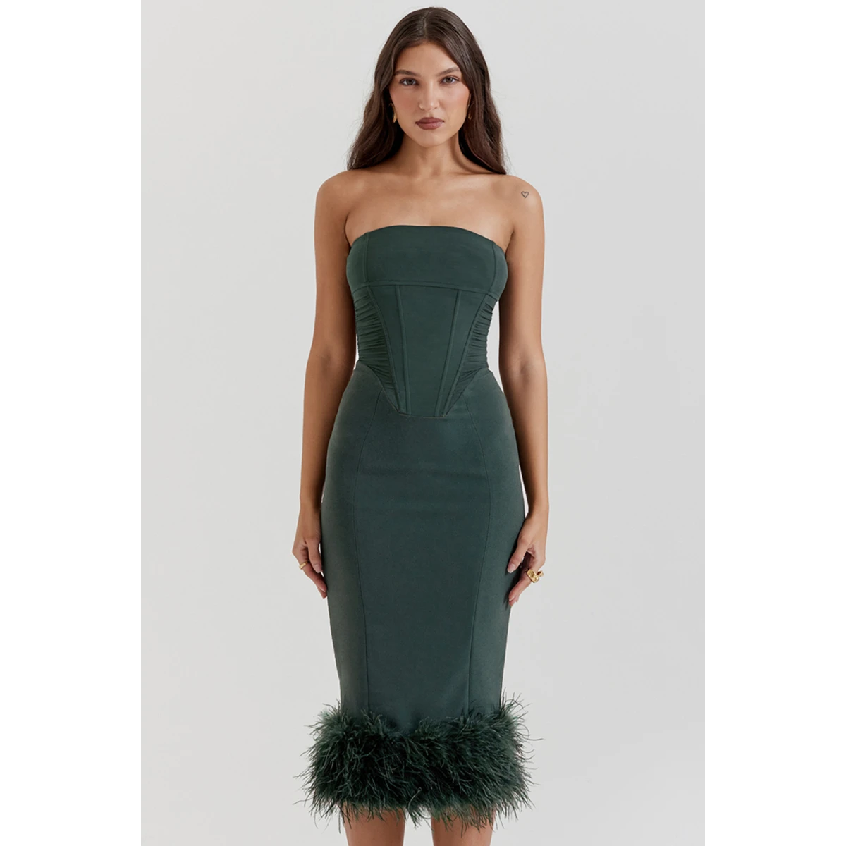 Emerald green feather skirt bodycon dress best sale