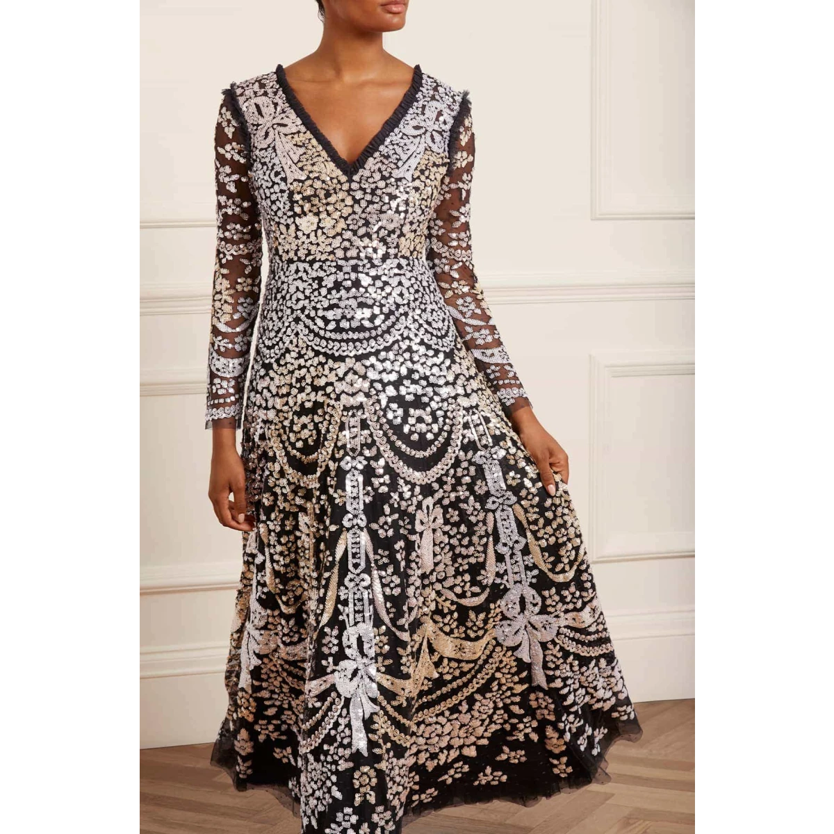 Needle & thread embroidered lace maxi gown with high neck in graphite best sale