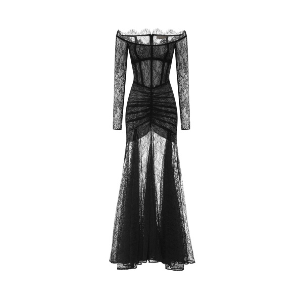 Rasario Corset Lace Gown With A Draped Skirt