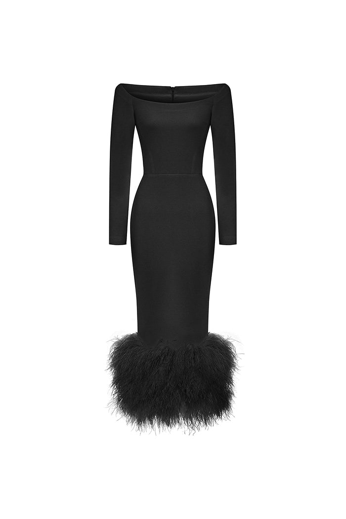 Rasario Crepe Long Midi Dress With Fringe Black 4M010 – Rasario