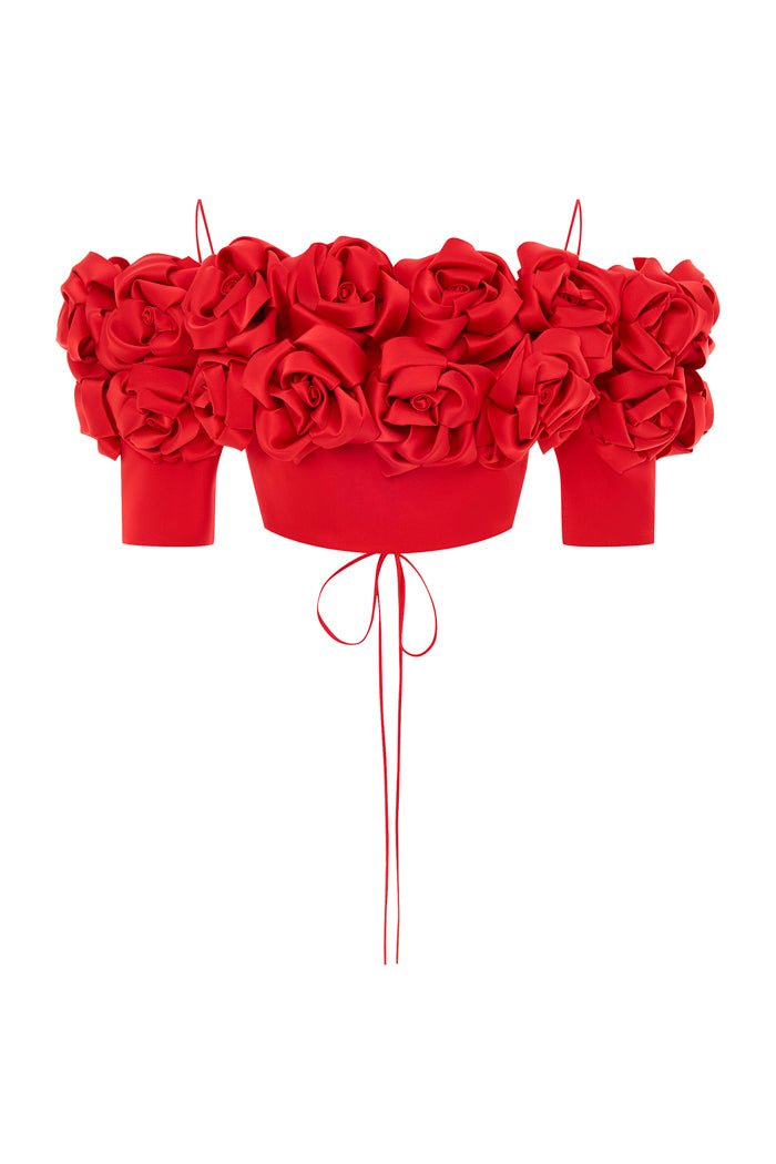 Rasario Cropped Flower Embellished Satin Top With An Opened Back