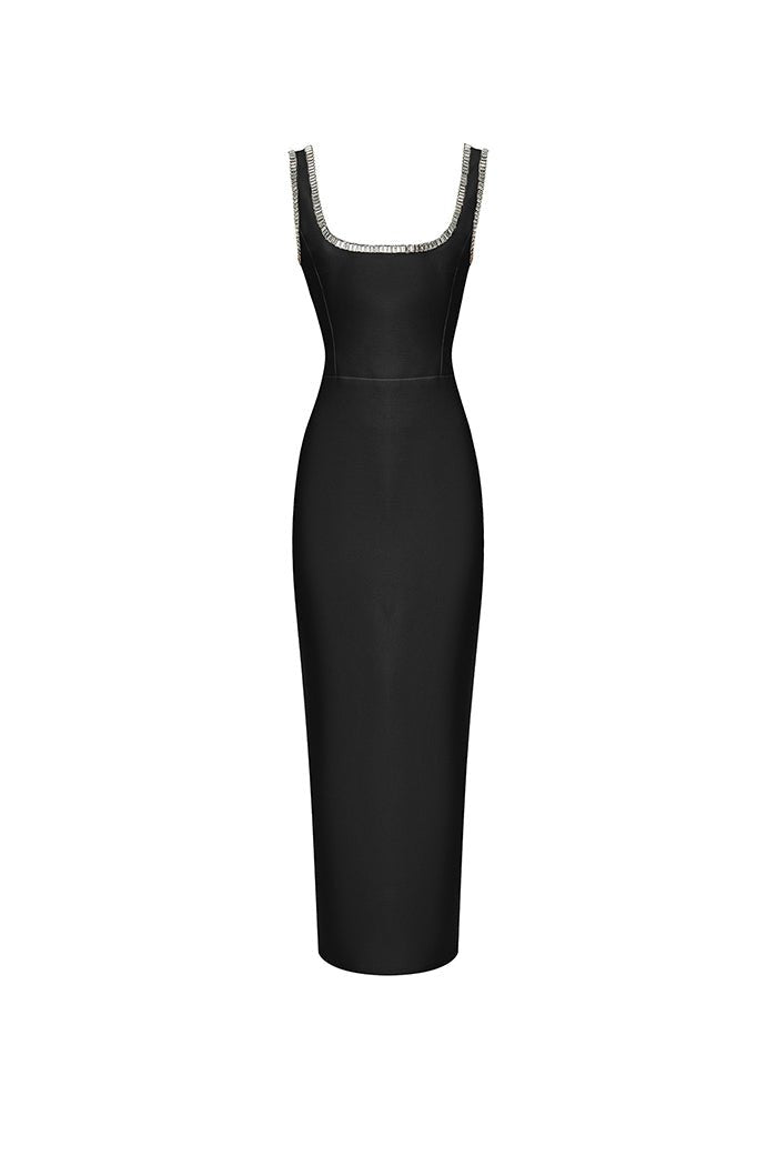 Rasario Crystal Embellished Crepe Long Midi Dress With A Side Slit
