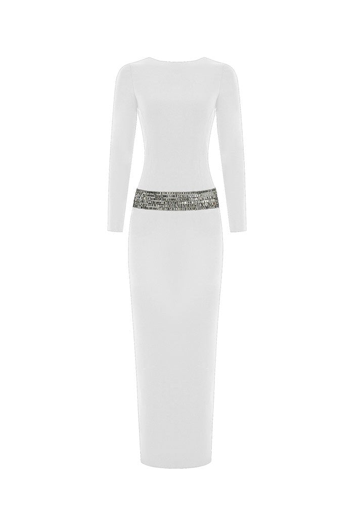 Rasario Crystal Embellished Crepe Maxi Dress With An Opened Back