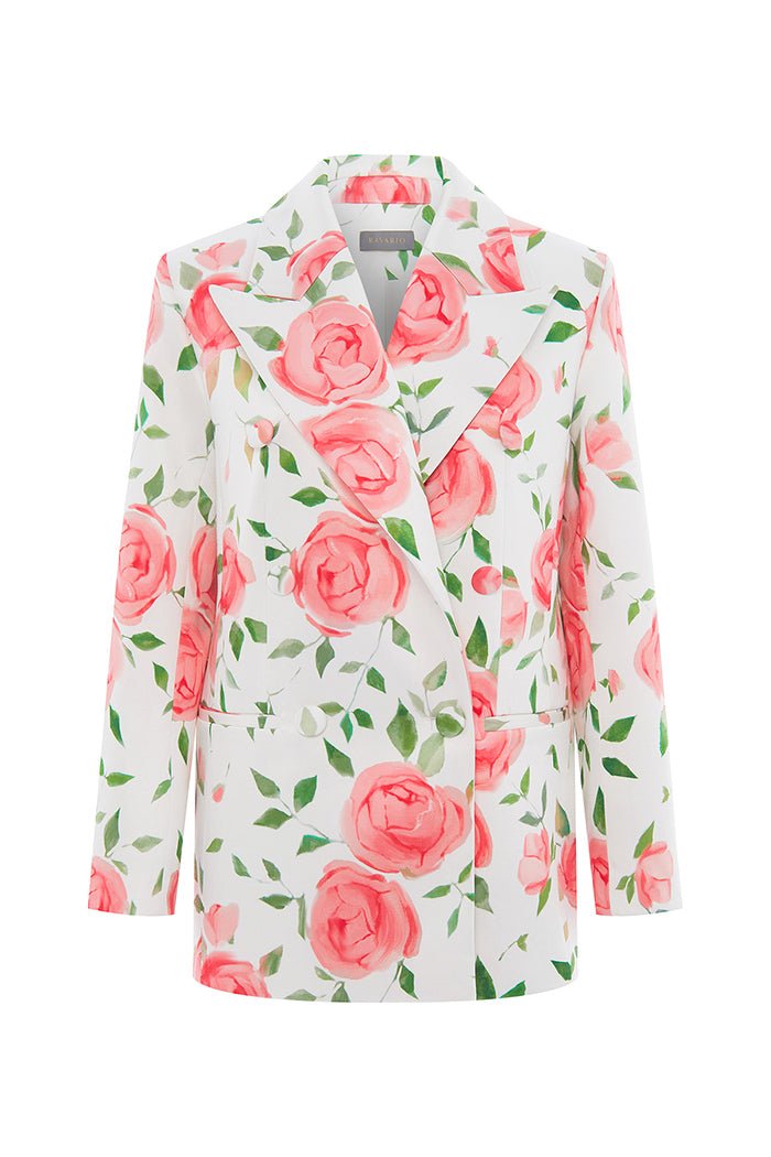 Rasario Double-Breasted Floral Printed Satin Blazer