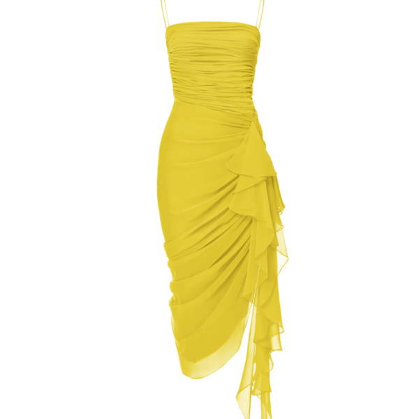 Rasario Draped Chiffon Long Midi Dress With Ruffle