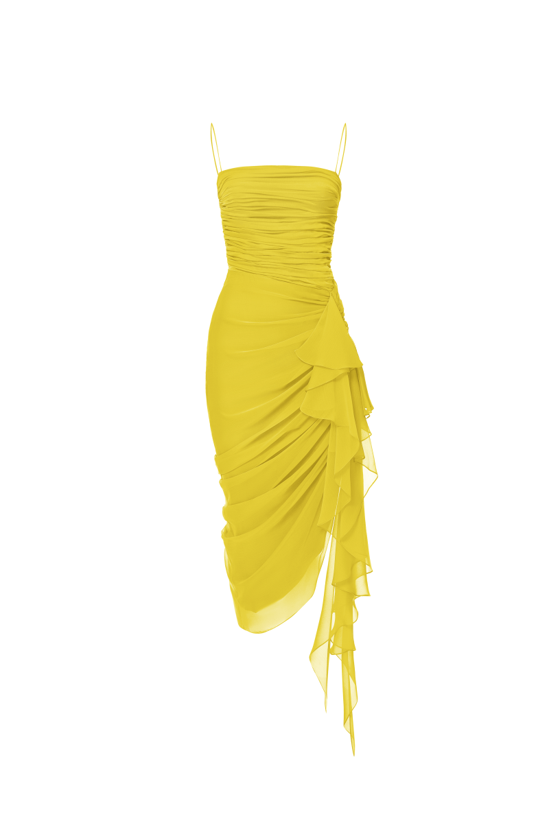 Rasario Draped Chiffon Long Midi Dress With Ruffle