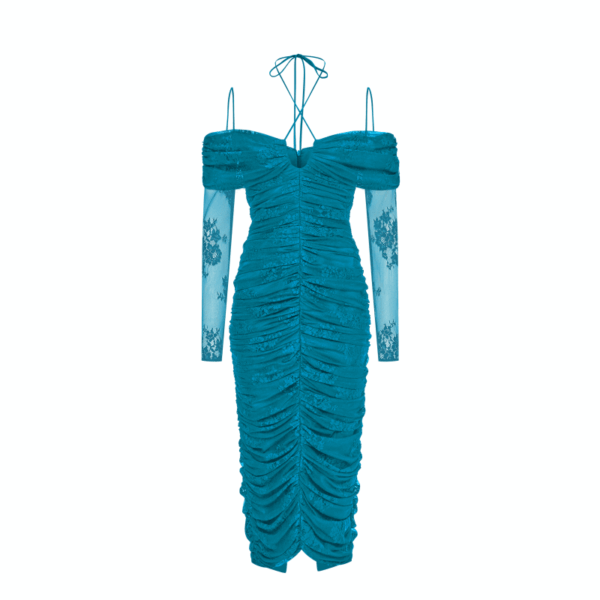 Rasario Draped Off-The-Shoulder Lace Midi Dress