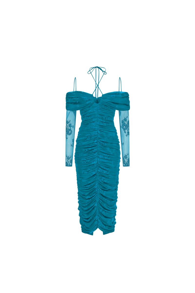 Rasario Draped Off-The-Shoulder Lace Midi Dress