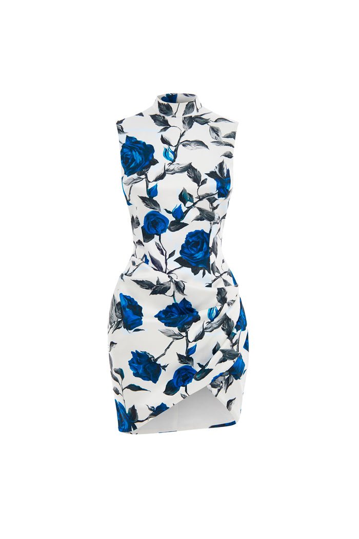 Rasario Draped Printed Satin Mini Dress With An Opened Back