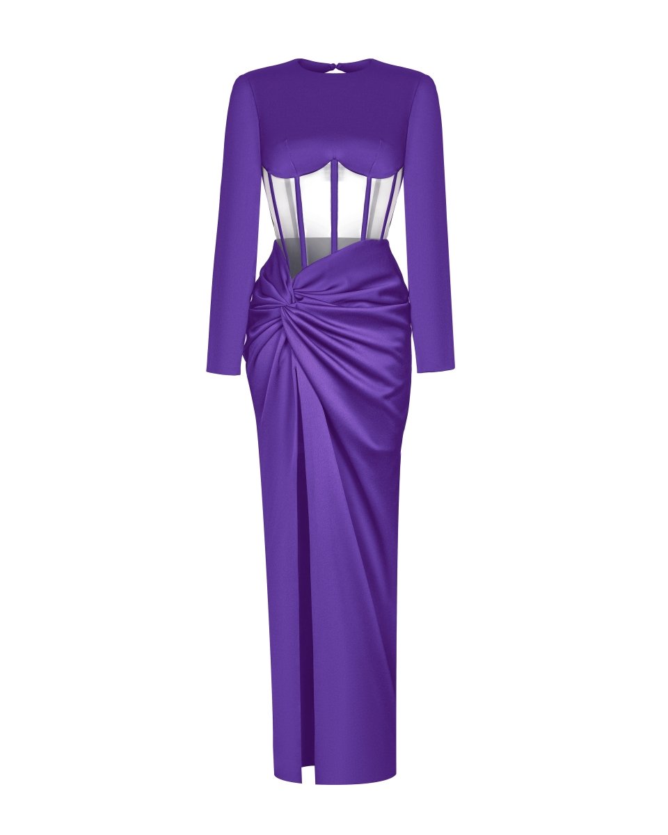 Rasario Draped Satin Corset Dress With Long Sleeves