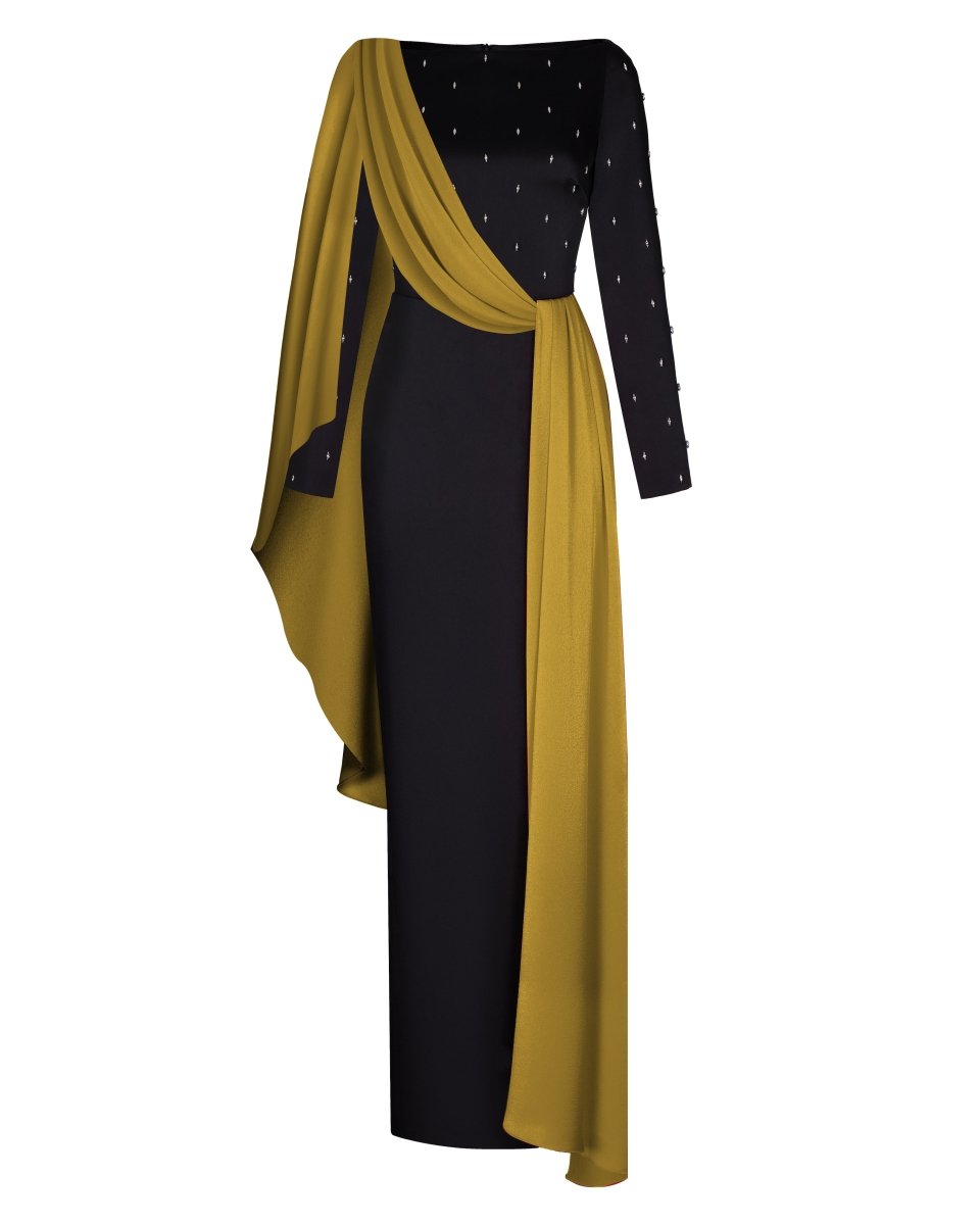 Rasario Embroidered Satin Maxi Dress With Voluminous Drapery