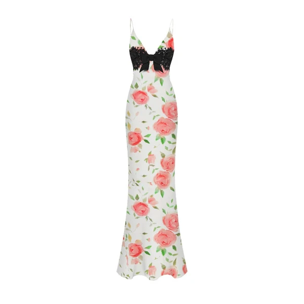 Rasario Floral Printed Satin And Lace Maxi Dress With A Bow