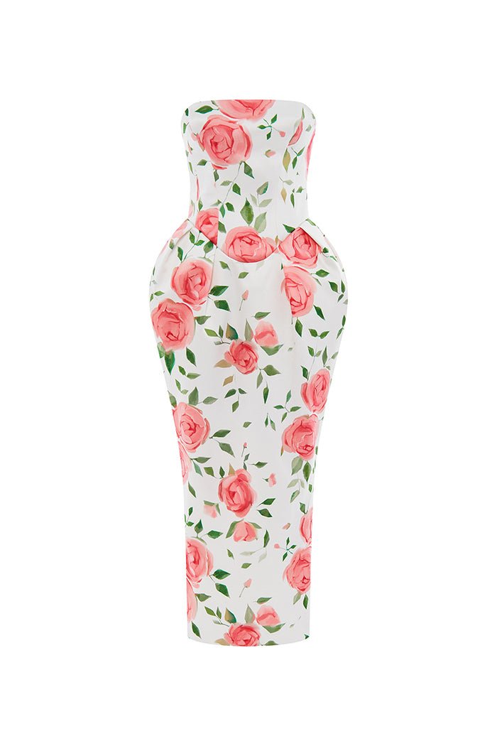Rasario Floral Printed Satin Long Midi Dress With Voluminous Skirt