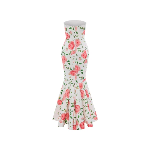 Rasario Floral Printed Satin Maxi Dress With Ruffled Skirt