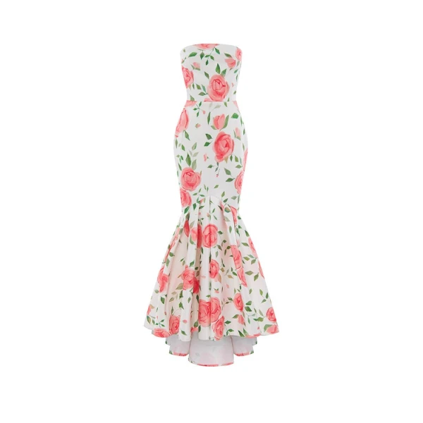 Rasario Floral Printed Satin Maxi Dress With Ruffled Skirt