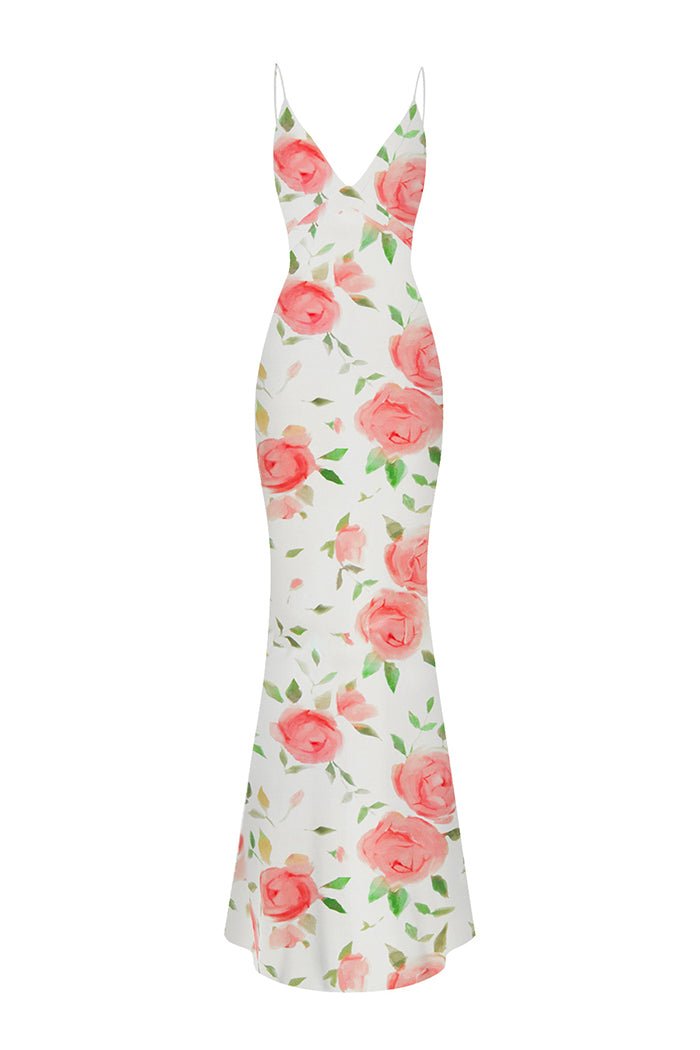Rasario Floral Printed Satin Maxi Dress
