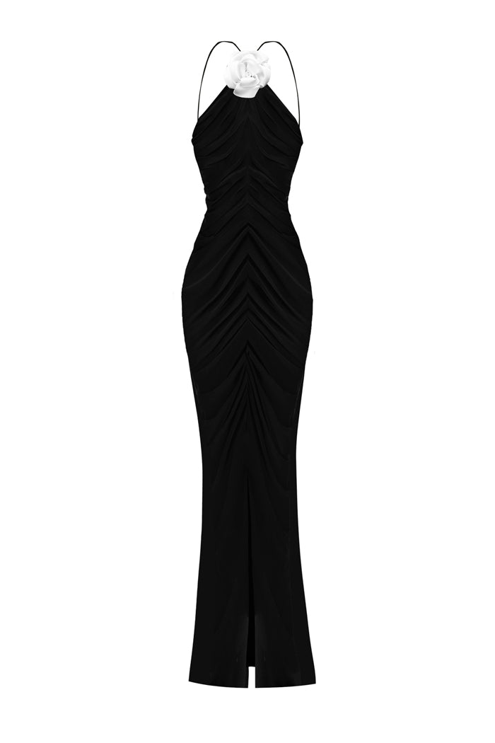 Rasario Flower Embellished Chiffon Maxi Dress