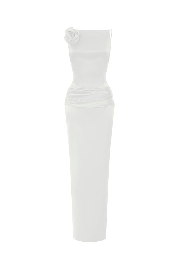 Rasario Flower Embellished Satin Maxi Dress With An Opened Back