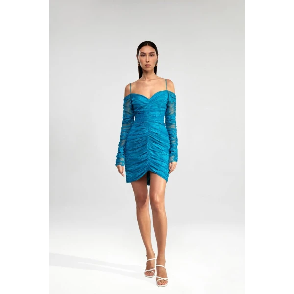 Rasario Off-The-Shoulder Draped Lace Mini Dress