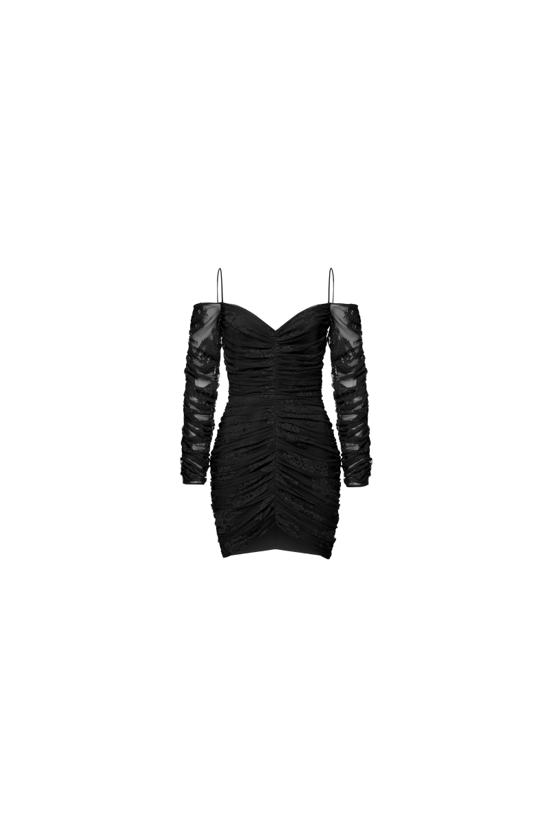 Rasario Off-The-Shoulder Draped Lace Mini Dress