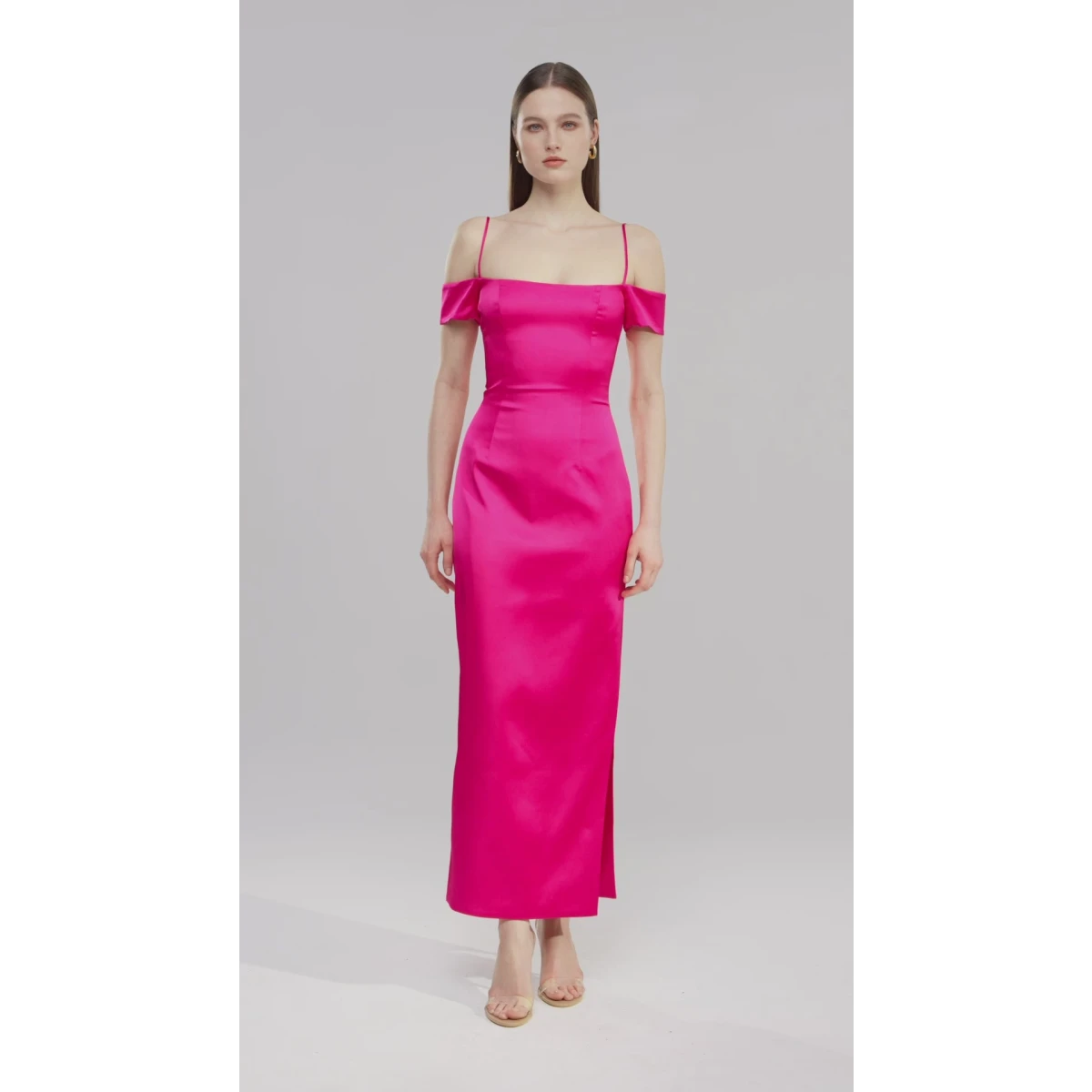 Rasario Off-The-Shoulder Draped Satin Long Midi Dress