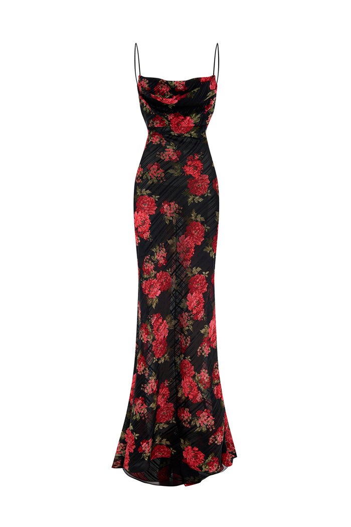 Rasario Printed Chiffon Maxi Dress With An Opened Back