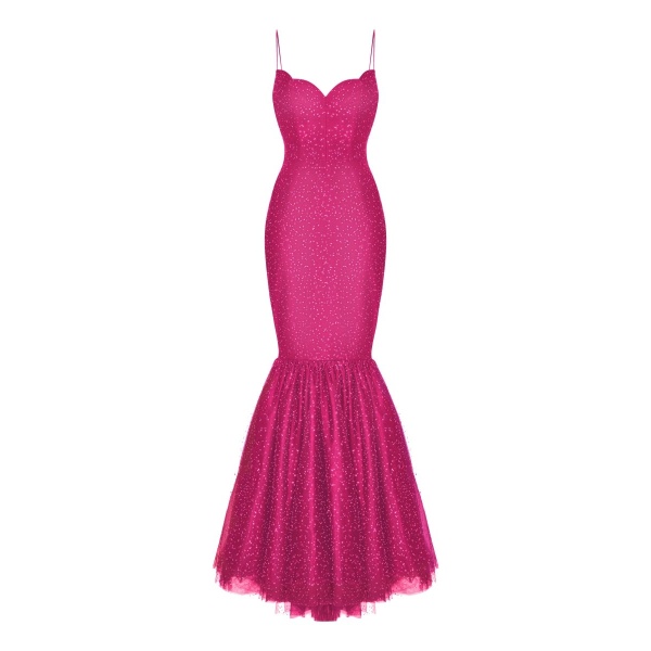 Rasario Rhinestone Tulle Maxi Dress With Train