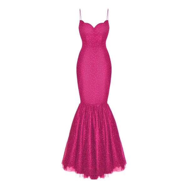 Rasario Rhinestone Tulle Maxi Dress With Train