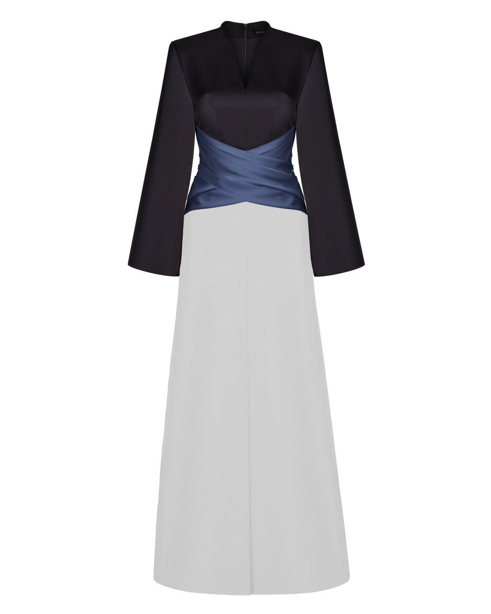 Rasario Satin And Crepe Front-Slit Maxi Dress With Draped Belt