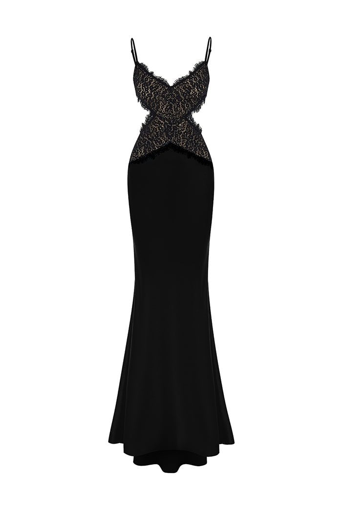 Rasario Satin And Lace Maxi Dress With Cutouts