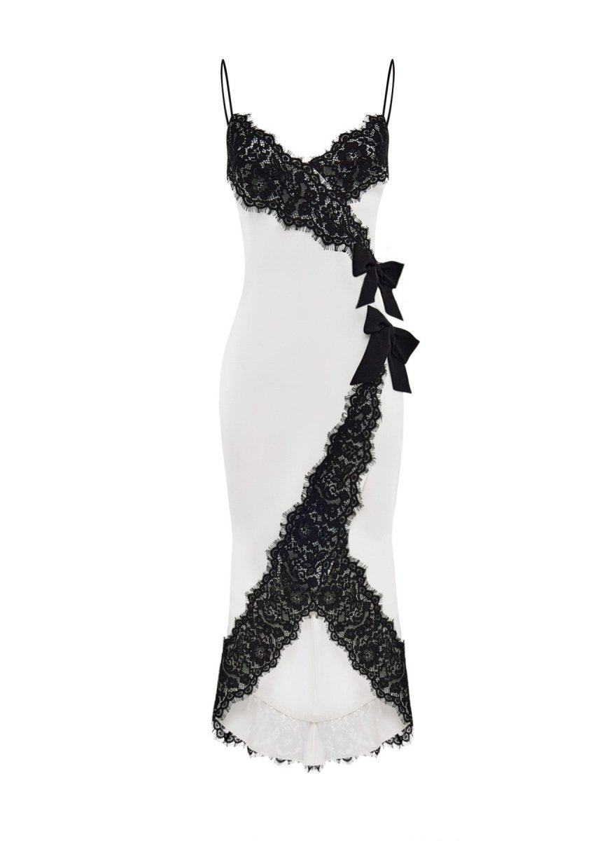 Rasario Satin And Lace Midi Dress With Bows