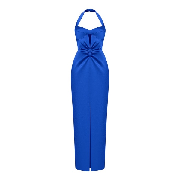 Rasario Satin Draped Long Midi Dress With A Cutout