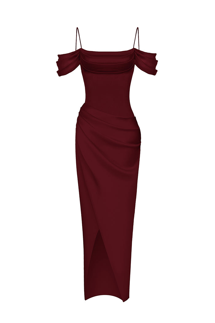 Rasario Satin Draped Off-The-Shoulders Long Midi Dress